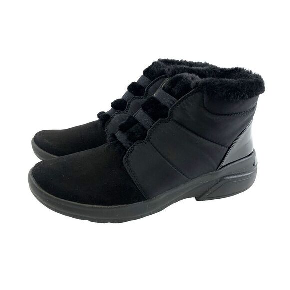 Bzees Golden Puff Boot Ankle Black Faux Fur Trim Pull On Fabric Stretch Women 10 - Picture 1 of 13